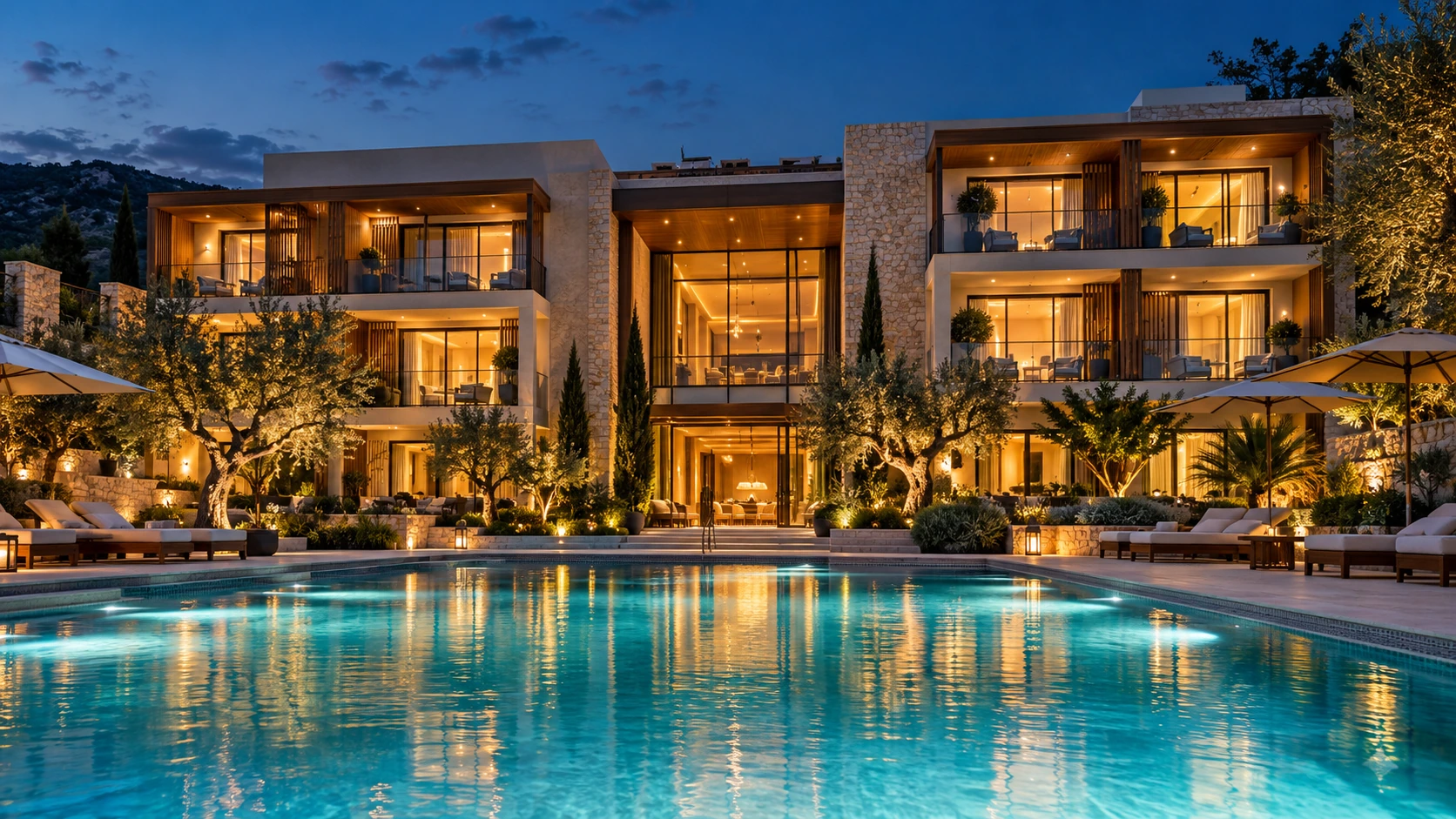 Aydınlatılmış otel ve havuzlu konaklama alanı